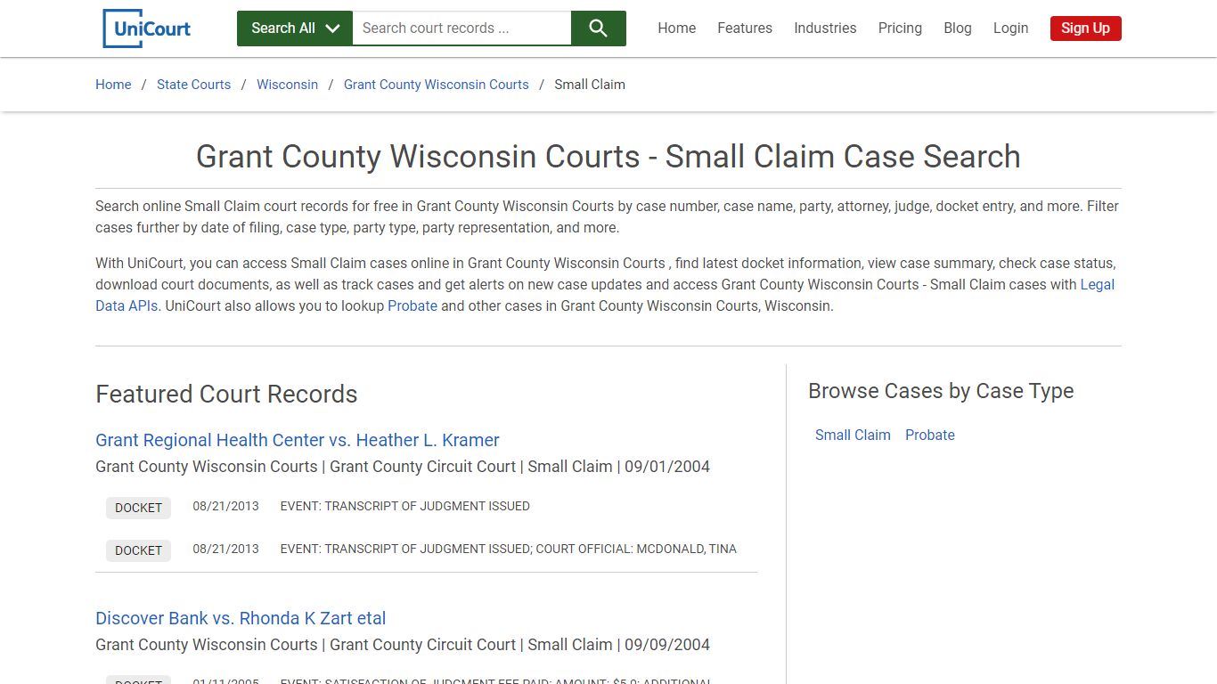 Grant County Wisconsin Courts - Small Claim Case Search